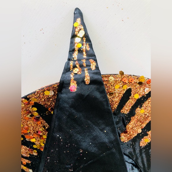 1 of Pumpkin patch witch hat Orange sparkles top & under brim black leaves 18"h - Picture 2 of 16